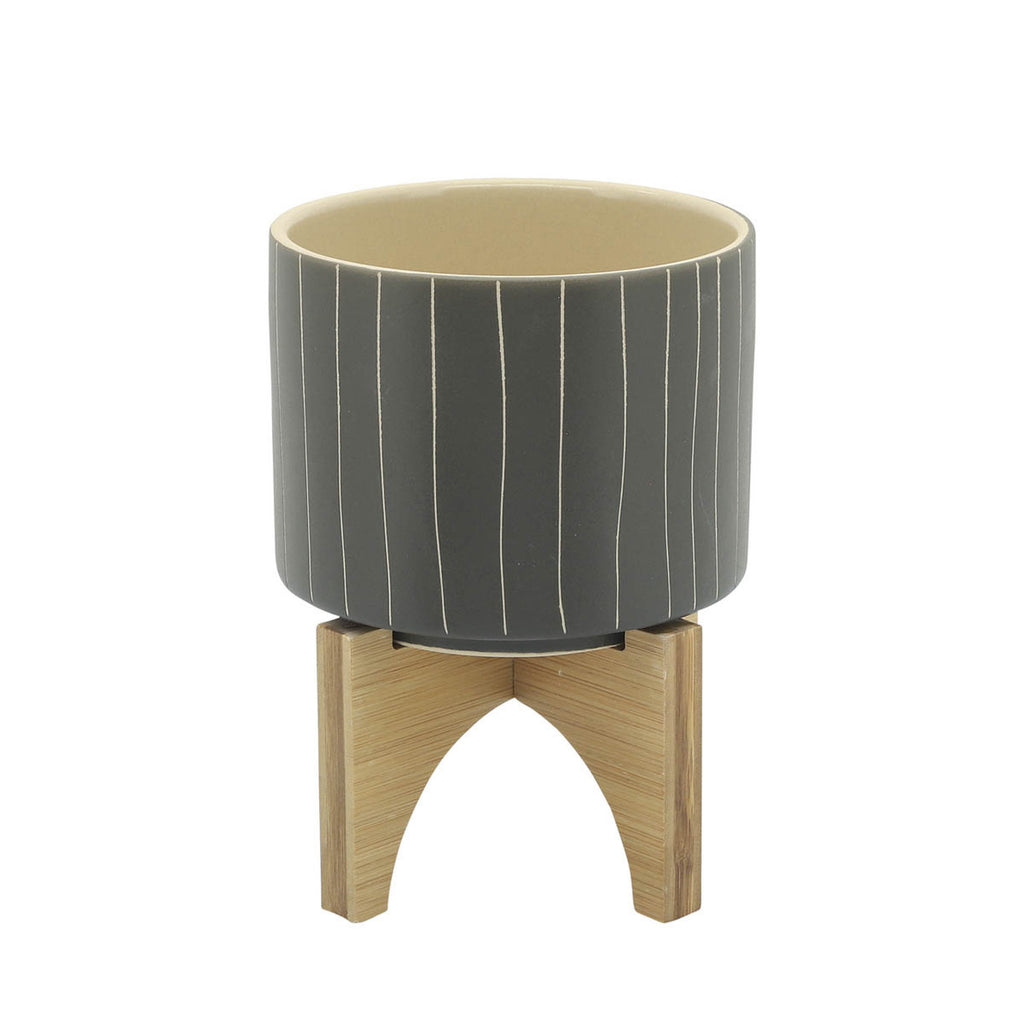 Grey Striped Planter on Wood Stand