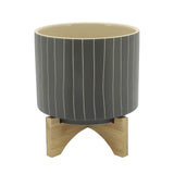 Grey Striped Planter on Wood Stand