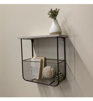 Metal Shelf with Wood Top and Mesh Basket